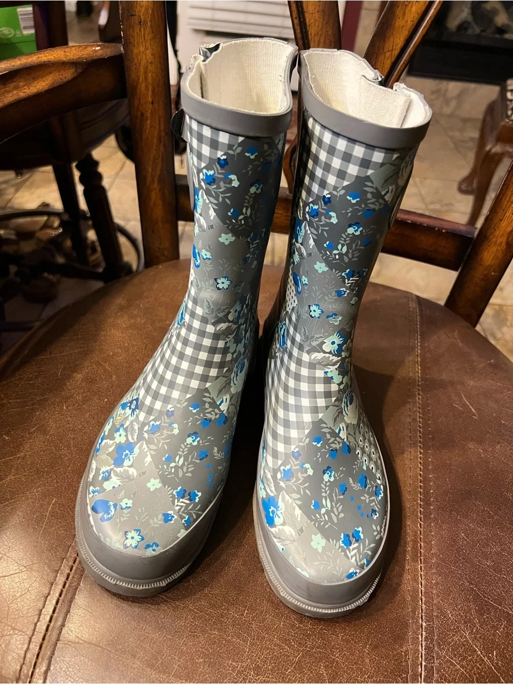 Western Chief Gray & Blue Floral Patchwork Rain Boots